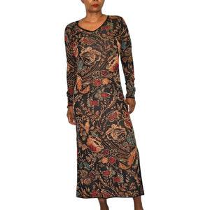 Peruvian Connection Floral Tapestry Jacquard Sweater Dress Black Cotton Knit Print Long Sleeves Midi Small