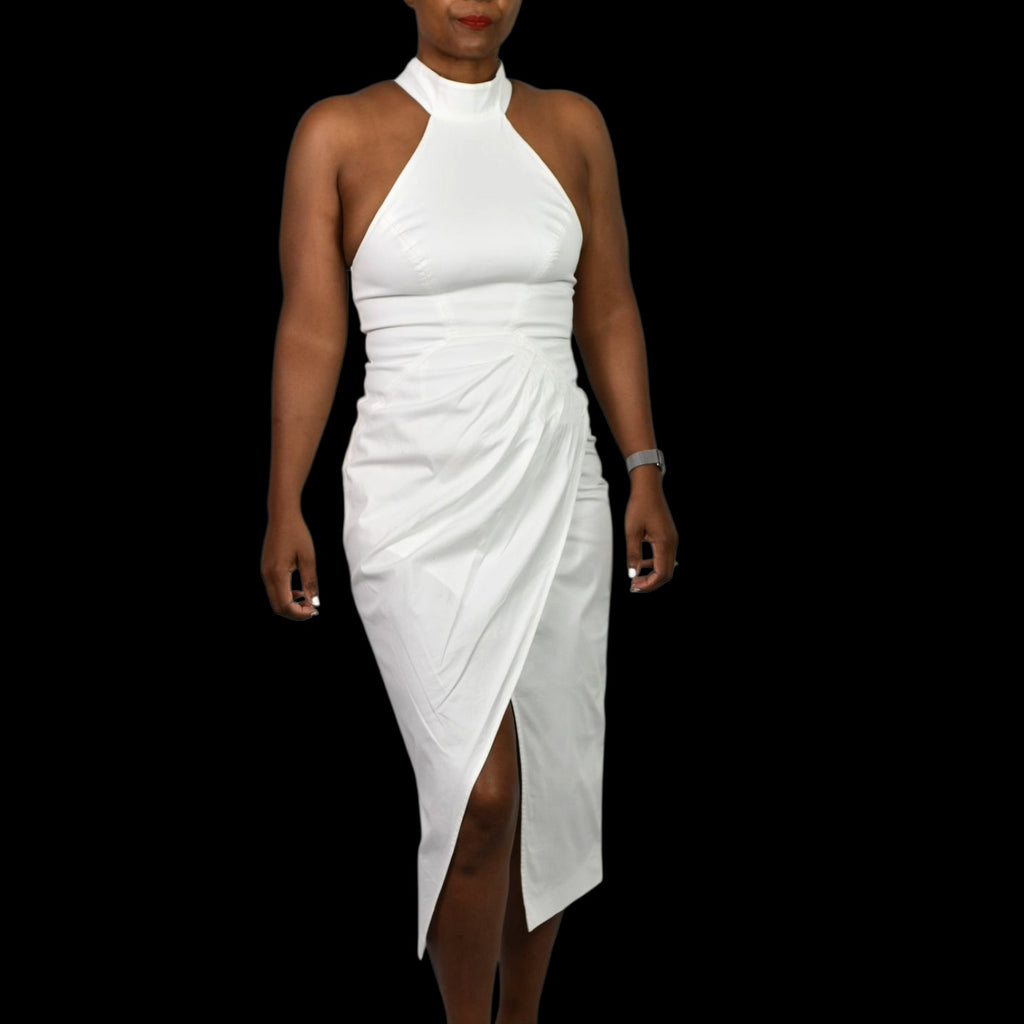 CMeo Collective Adept Midi Dress White Pencil Bodycon Halter Sheath Cotton Poplin Asymmetric Wrap Small