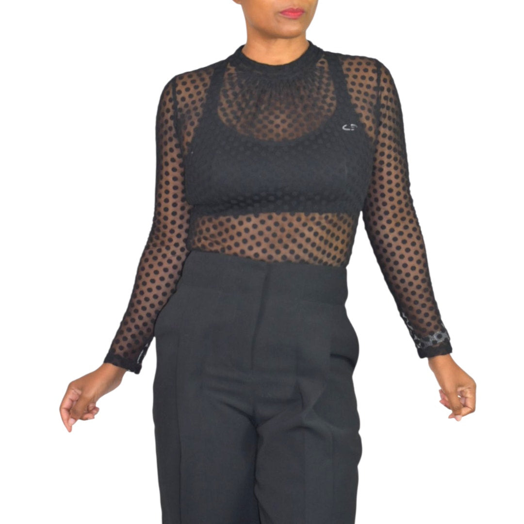 Windsor Sheer Bodysuit Black Flocked Polka Dot Mock Mesh Neck Long Sleeves Top Small