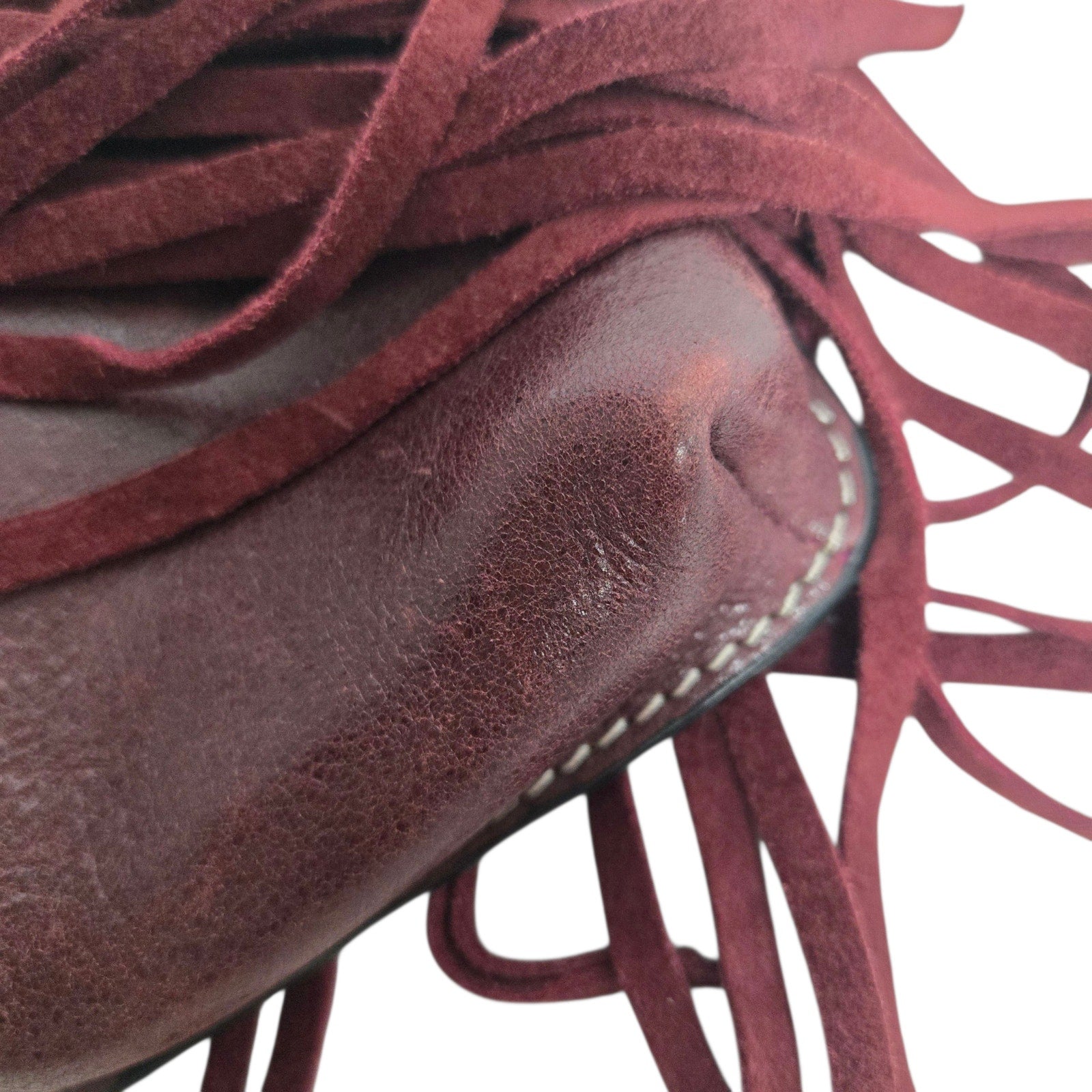 Firenze Bella Fringe Leather Bag Red Burgundy Studded Crossbody Pouch Adjustable Compact