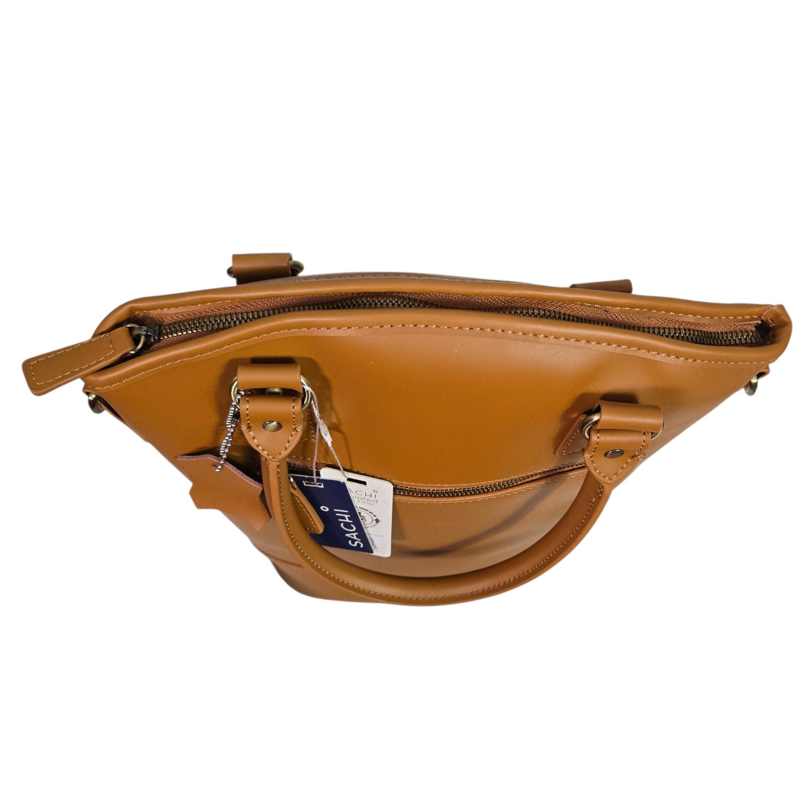 SACHI Insulated Wine Tote Bag Camel Brown Leather Lunch Bucket Two Bottle Strap