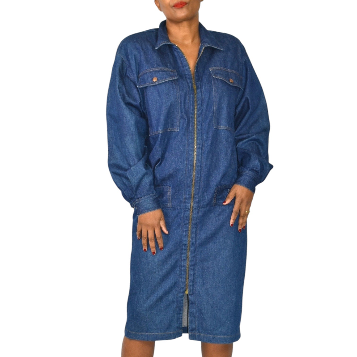 Vintage Depeche Mode Denim Jean Dress Blue New Wave Cocoon Midi Cotton Shirtdress Rigid Medium