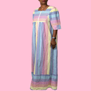 Vintage Saybury Rainbow Stripe Dress Pink Seersucker Sundress Long Patio House Sack Housecoat Muumuu Large