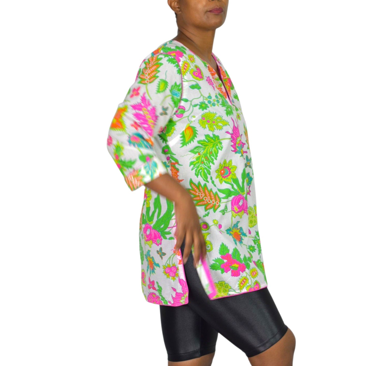 Gretchen Scott Cotton Tunic Pink Colorful Wonderland Top Blouse Cotton Floral Side Slits Split Neck Large
