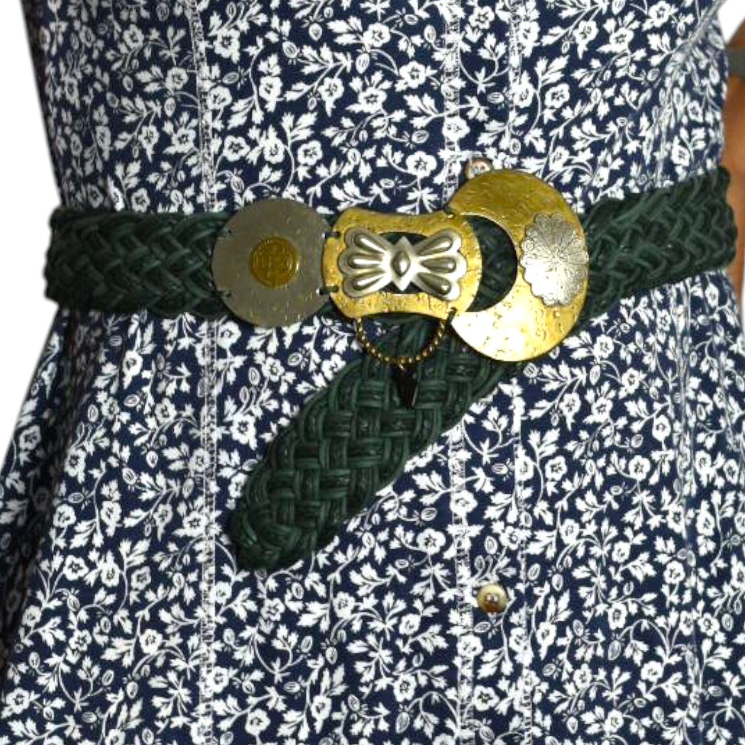Baer SF Braided Belt Green Leather Mixed Embellished Media Metals Discs Arty Bohemian Handmade