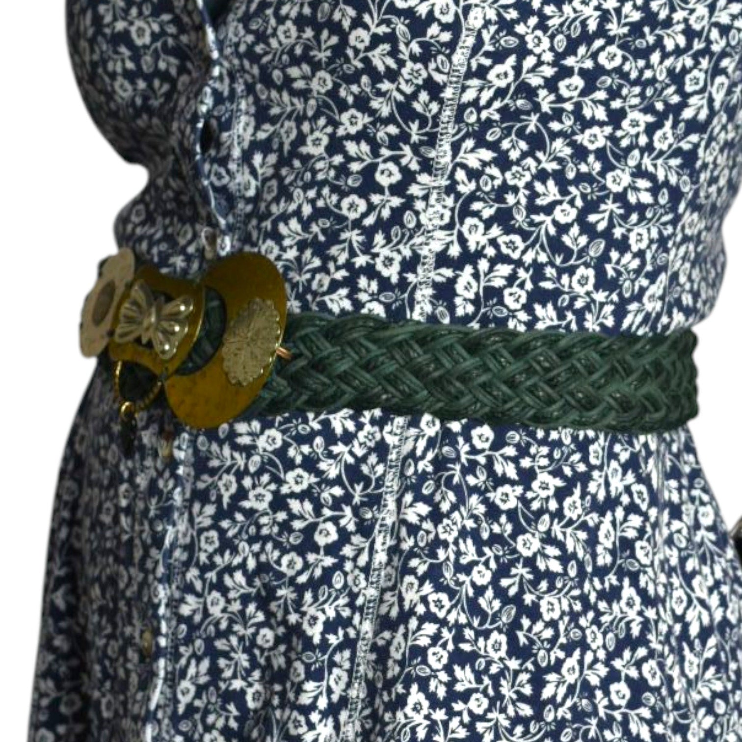 Baer SF Braided Belt Green Leather Mixed Embellished Media Metals Discs Arty Bohemian Handmade