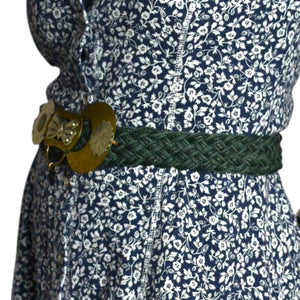 Baer SF Braided Belt Green Leather Mixed Embellished Media Metals Discs Arty Bohemian Handmade