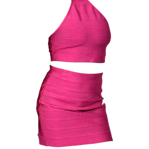 Forever 21 Herve Leger Bandage Skirt Set Pink Matching CoOrd Mini Cropped Halter Bodycon Fuchsia Size Medium