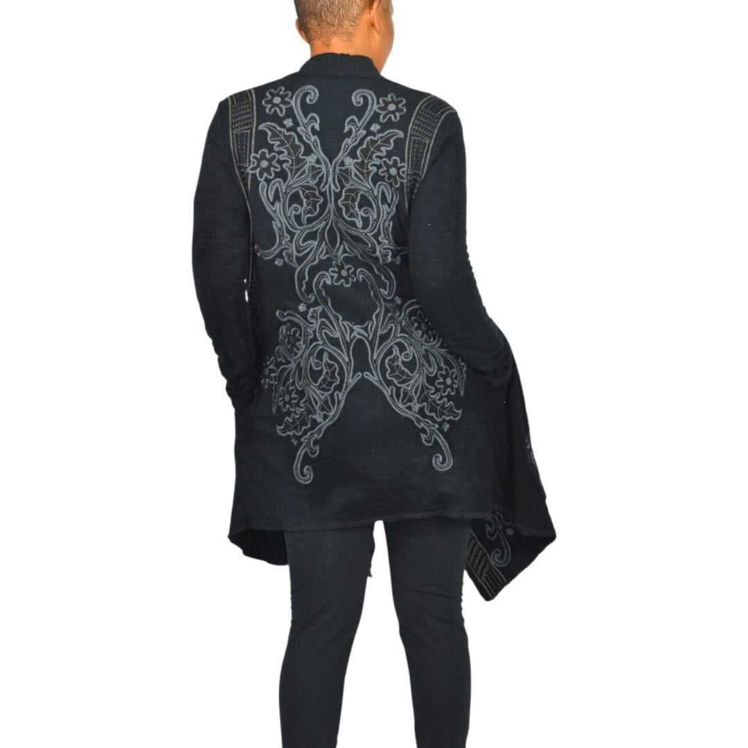 Paparazzi Biz Embroidered Asymmetric Cardigan Jacket Black Duster Cotton Open Front Medium