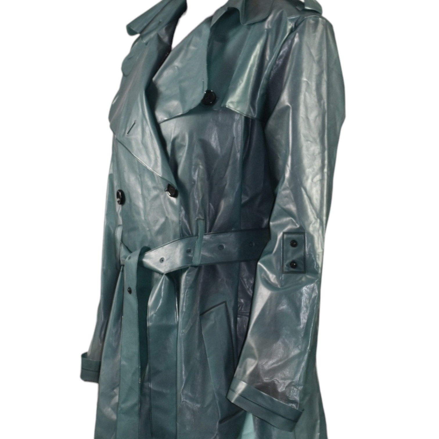 Dorothee Schumacher Techno Transparency Trench Coat Green Teal Vinyl Raincoat Belted Transparent XL