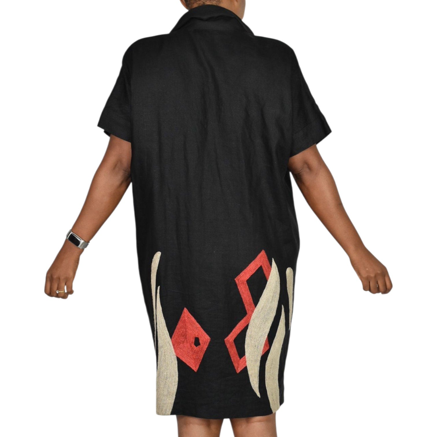 Vintage Andrea Jovine Linen Dress Black Print Abstract Embroidery Cocoon 10 Medium