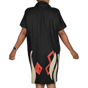 Vintage Andrea Jovine Linen Dress Black Print Abstract Embroidery Cocoon 10 Medium