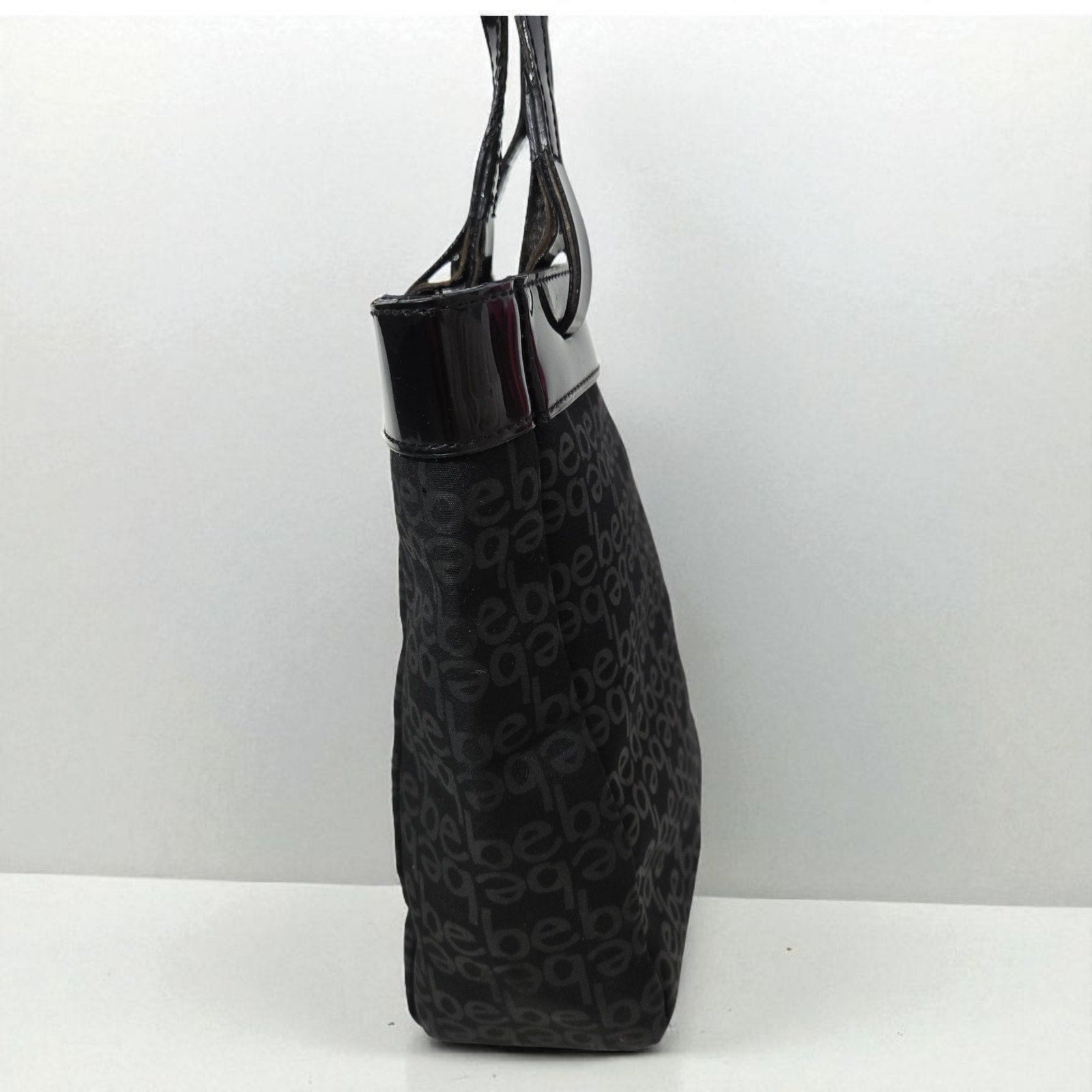 Vintage Bebe Mini Tote Bag Black Logo Patent Leather Straps Shopper Handbag Y2K Purse