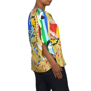 TIBI Silk Printed Tunic Yellow Colorful Peacock Jeweled Studded Blue Cutouts Birds 6