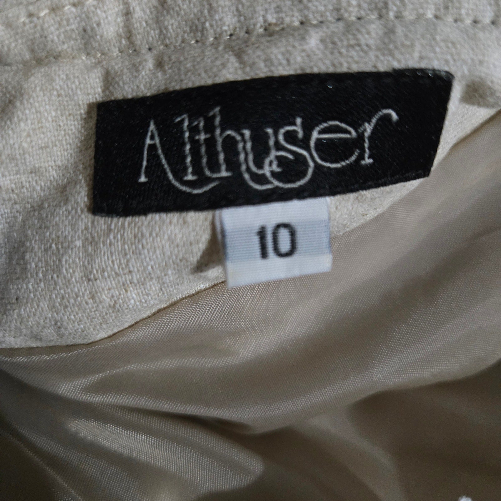 Vintage Althuser Linen Blend Blazer Jacket Beige Cropped Black Trim Tailored Shoulder Pads 10