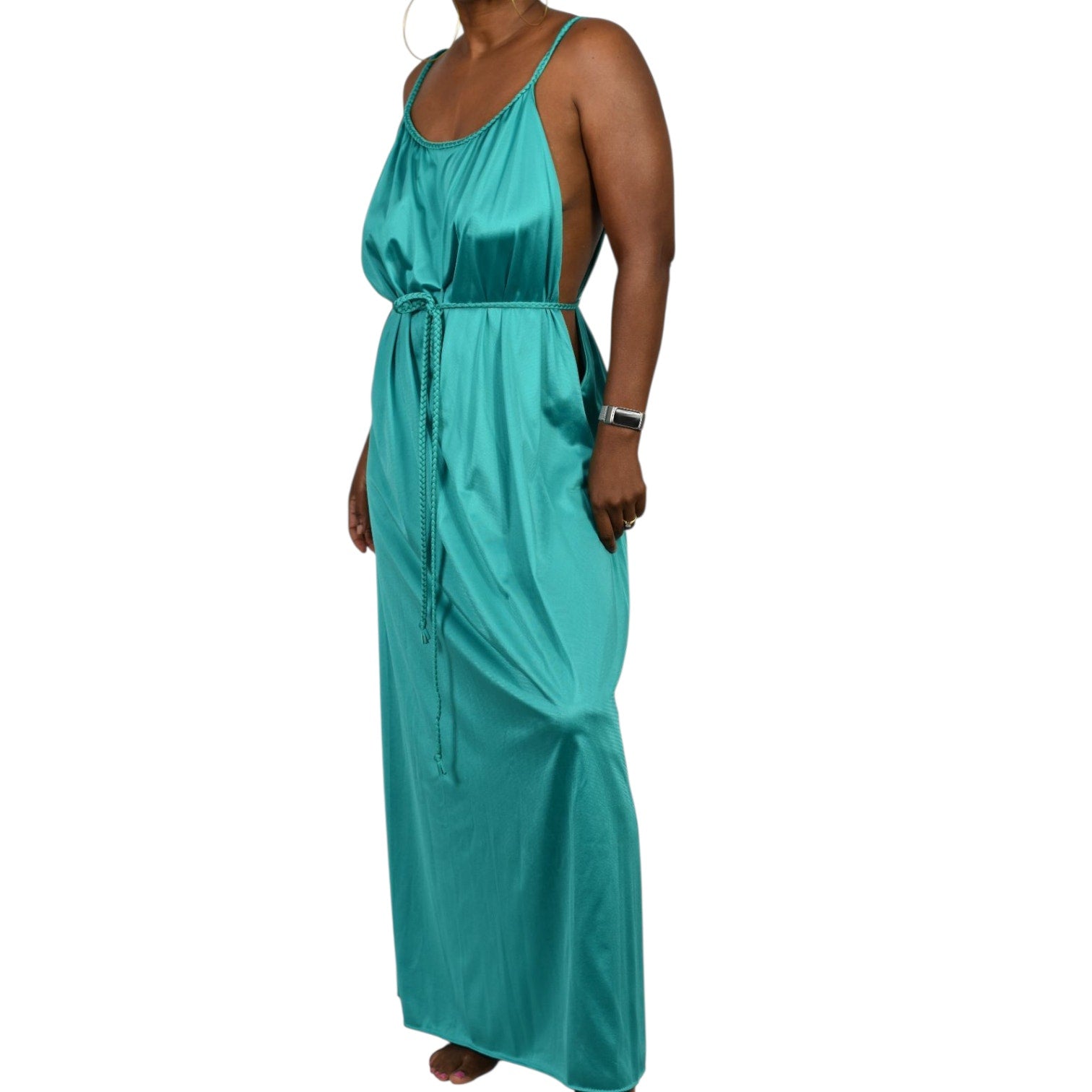 Vintage JC Penney Grecian Style Gown Green Teal Nylon Nightgown Goddess Long Maxi Silky Shiny Lingerie 70s 80s Large