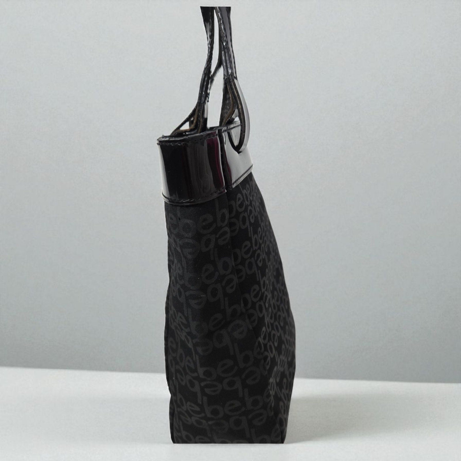 Vintage Bebe Mini Tote Bag Black Logo Patent Leather Straps Shopper Handbag Y2K Purse