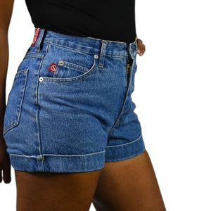 Vintage No Excuses Shorts Blue Denim Cuffed High Waist Cotton Rigid 90s Jeans Size 4