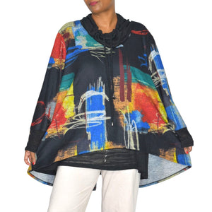 Ali Miles Abstract Art Cowl Neck Tunic Multicolor Black Print Sweater Top Lagenlook Plus 2X