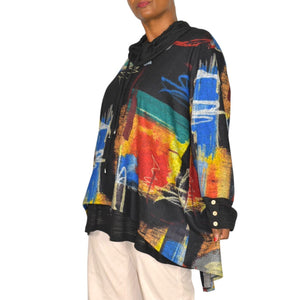 Ali Miles Abstract Art Cowl Neck Tunic Multicolor Black Print Sweater Top Lagenlook Plus 2X