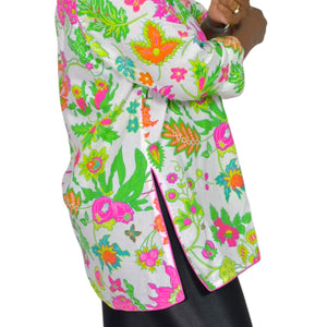 Gretchen Scott Cotton Tunic Pink Colorful Wonderland Top Blouse Cotton Floral Side Slits Split Neck Large