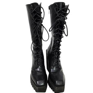 Darker Wavs Flanger Chunky Platform Boots Combat Black Square Toe Angular Retro 7