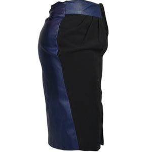 Raoul Two Tone Skirt Blue Leather Black Crepe Pencil High Waist Pleated Slit Small