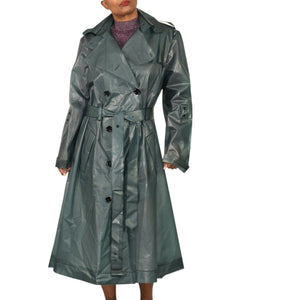 Dorothee Schumacher Techno Transparency Trench Coat Green Teal Vinyl Raincoat Belted Transparent XL