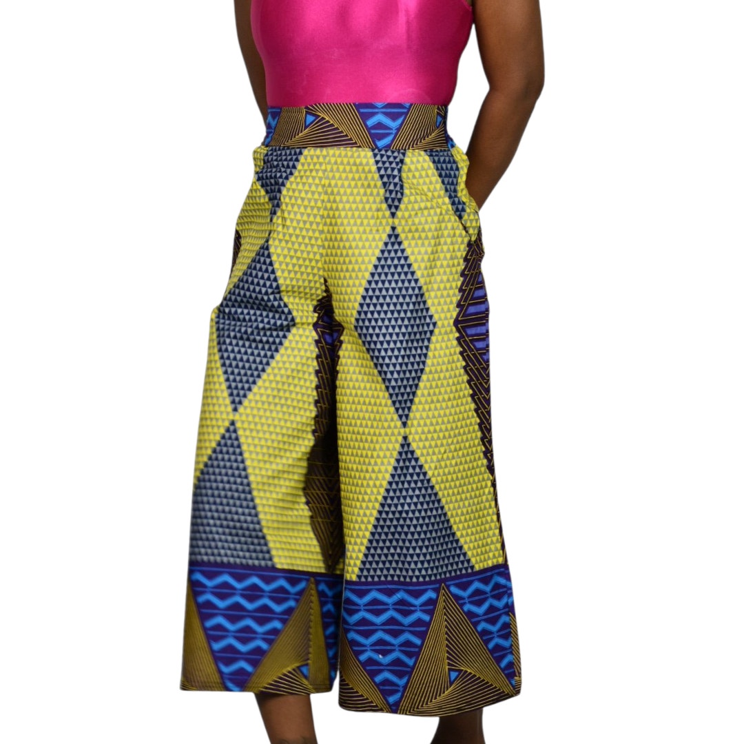 Grass Fields Ankara Wide Leg Crop Pants Yellow Culottes Gaucho African Print Small Medium