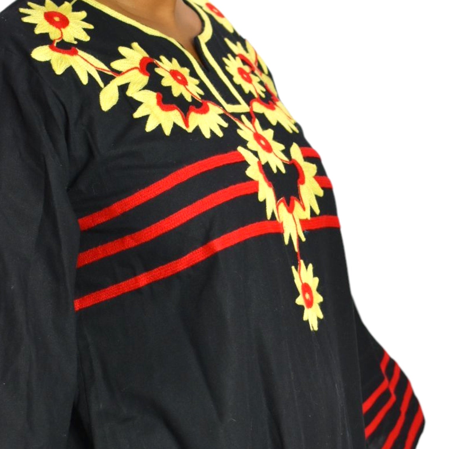 Egyptian Embroidered Caftan Dress Black Long Cover Up Tunic Floral Embroidery Yellow Large