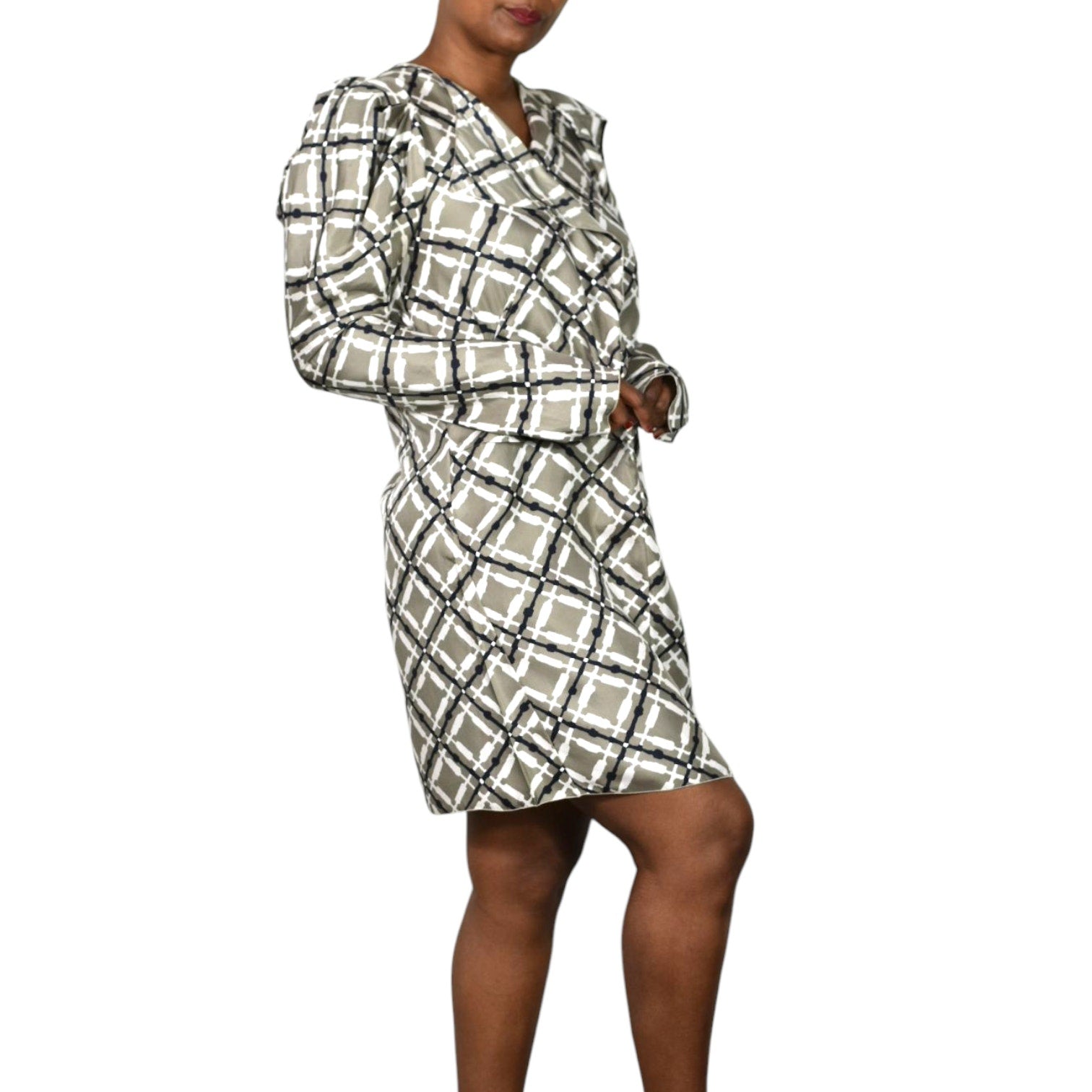 Marni Silk Print Dress Grey Geo Grid Puff Sleeve Origami Folds Sculpted Sheath 40