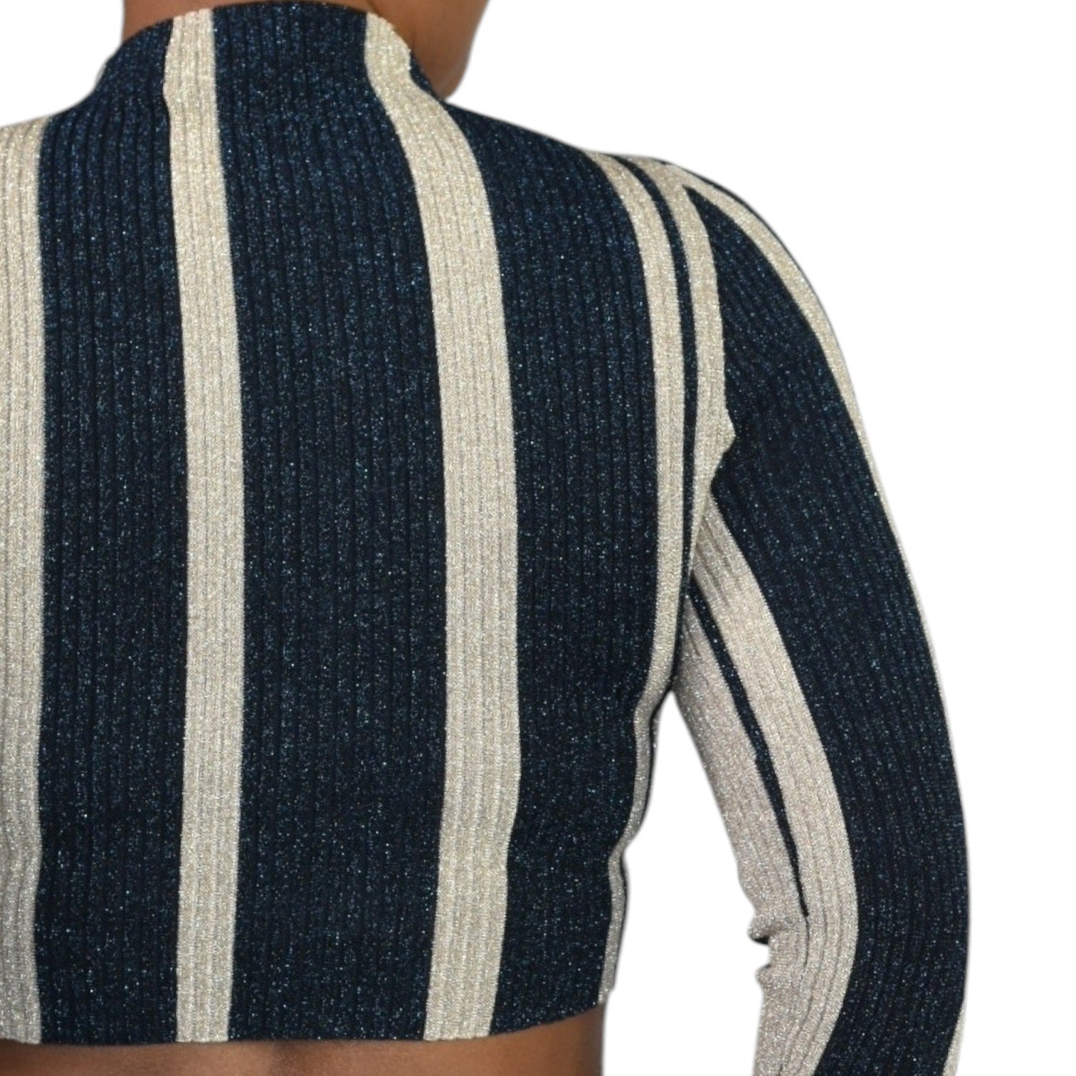 Self Portrait Crop Top Blue Striped Knit Lurex Metallic Shiny Mock Neck Fitted Small