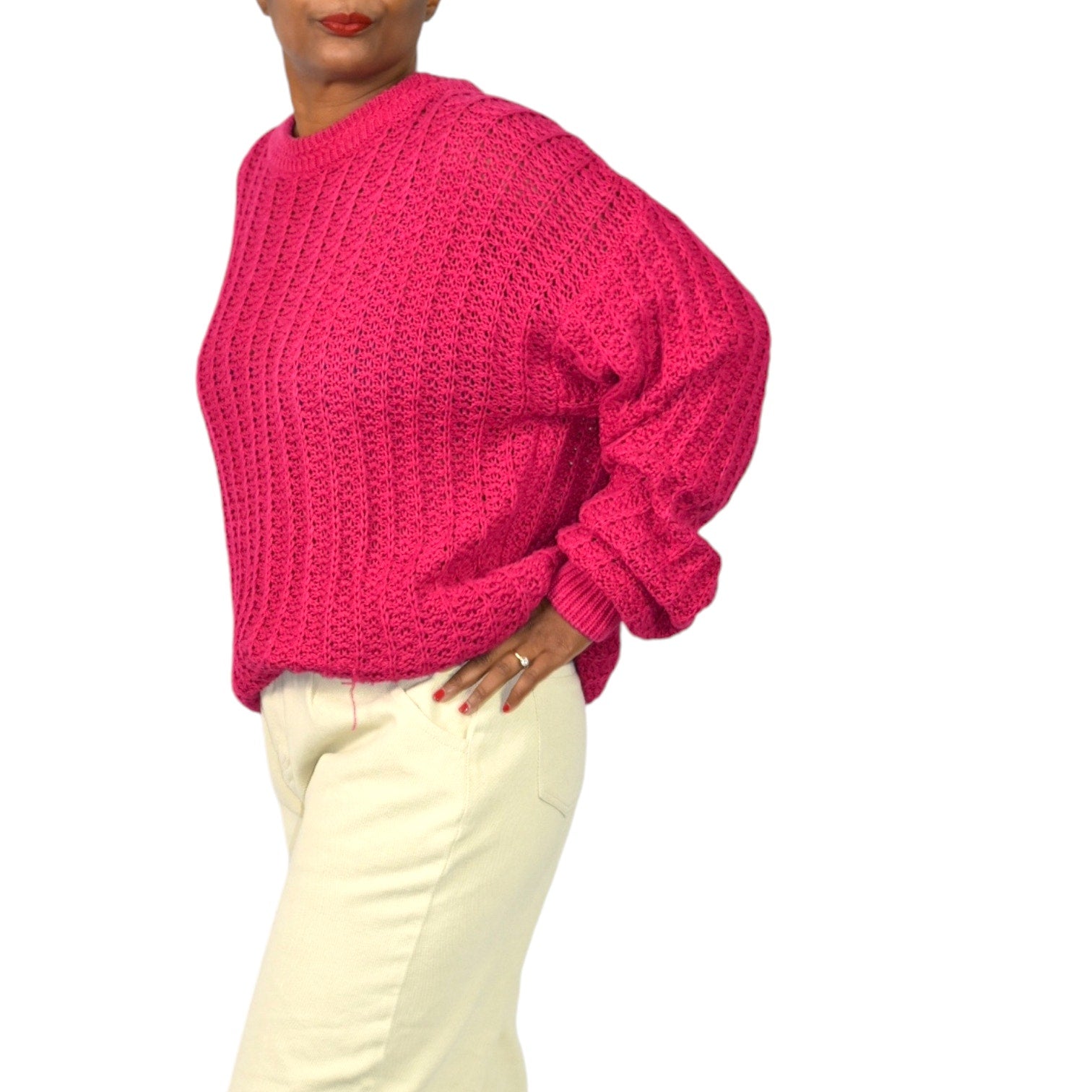 Vintage Cacharel Chunky Sweater Pink Raspberry Pullover Slouchy Cable Knit Crew Size XL