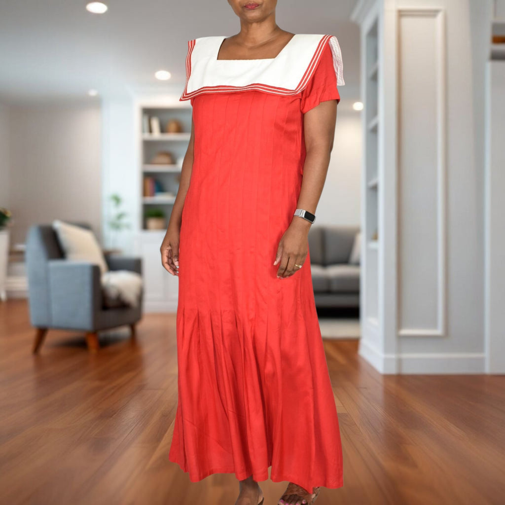 Vintage Sarah Elizabeth Sailor Collar Maxi Dress Red White Nautical Rayon Column Pleated Retro Flapper Medium