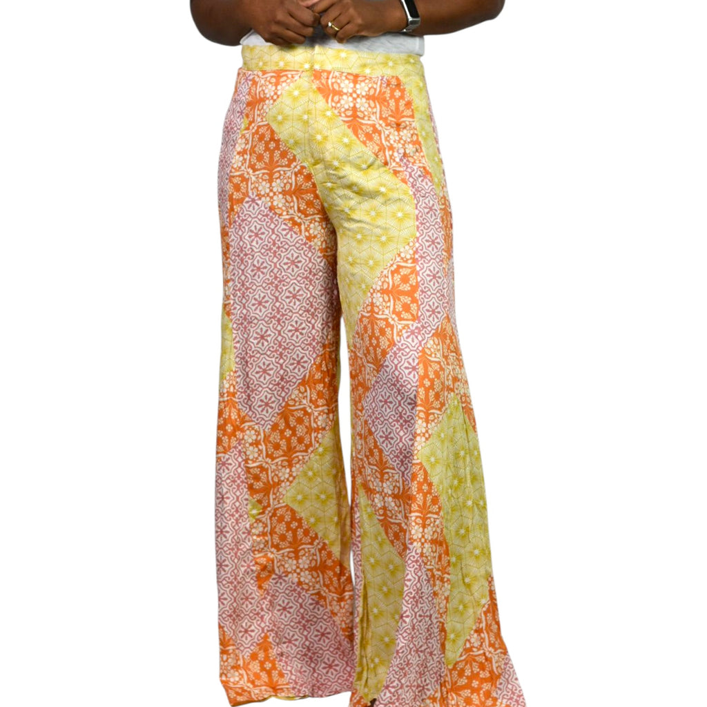 Olivaceous Patchwork Palazzo Print Pants Orange Yellow Rayon Wide Leg Flower Flare Medium