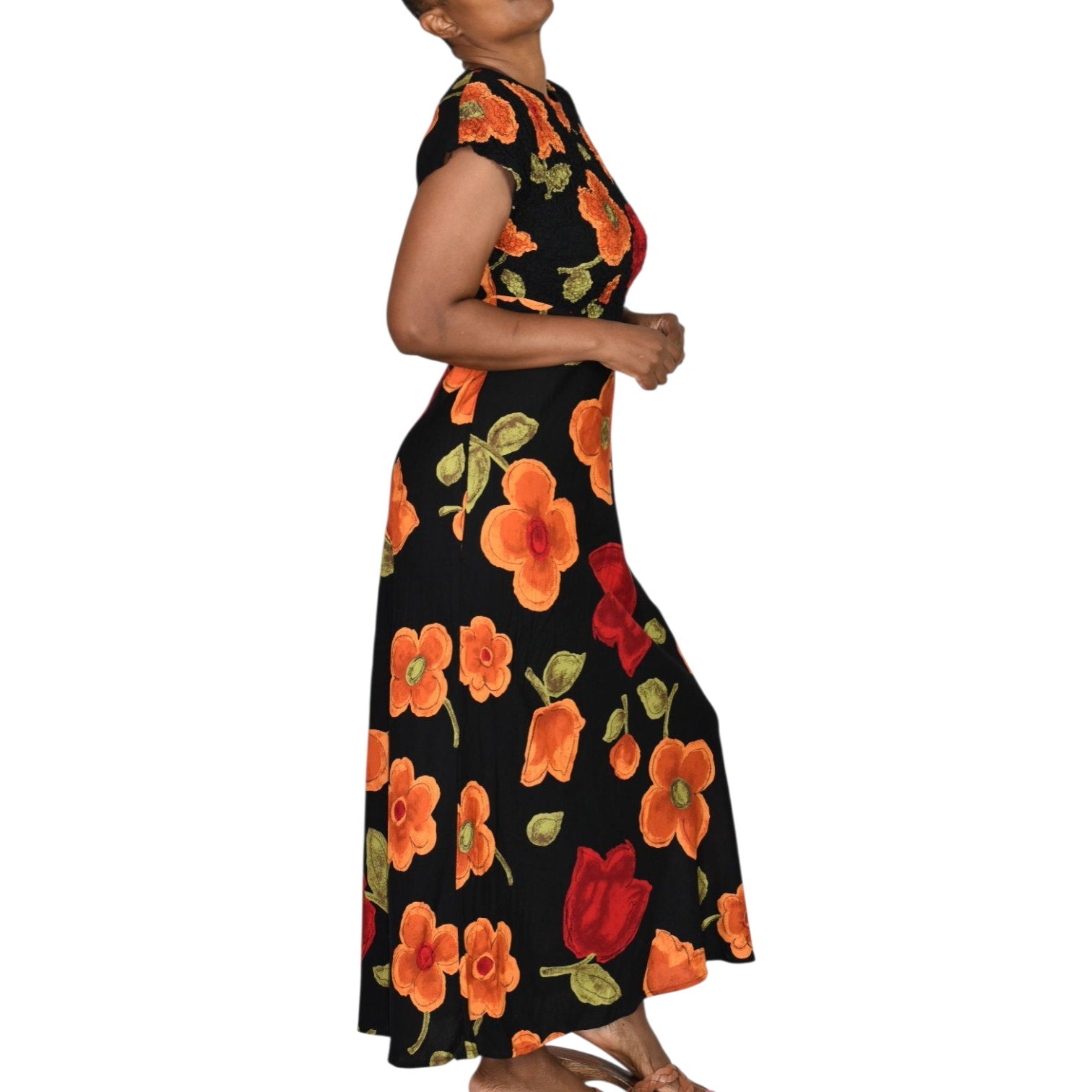 Jeffrey Dara Vintage Floral Maxi Dress Black Floral Flowers Rayon Shoulder Pads Column Deadstock 8 Medium