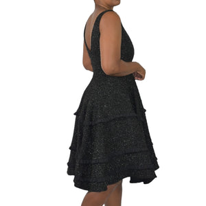 Abbey Glass Black Dress Tweed Boucle Textured Sparkle Shimmer Fit And Flare Tiered Full Midi Swing Knit Size 4