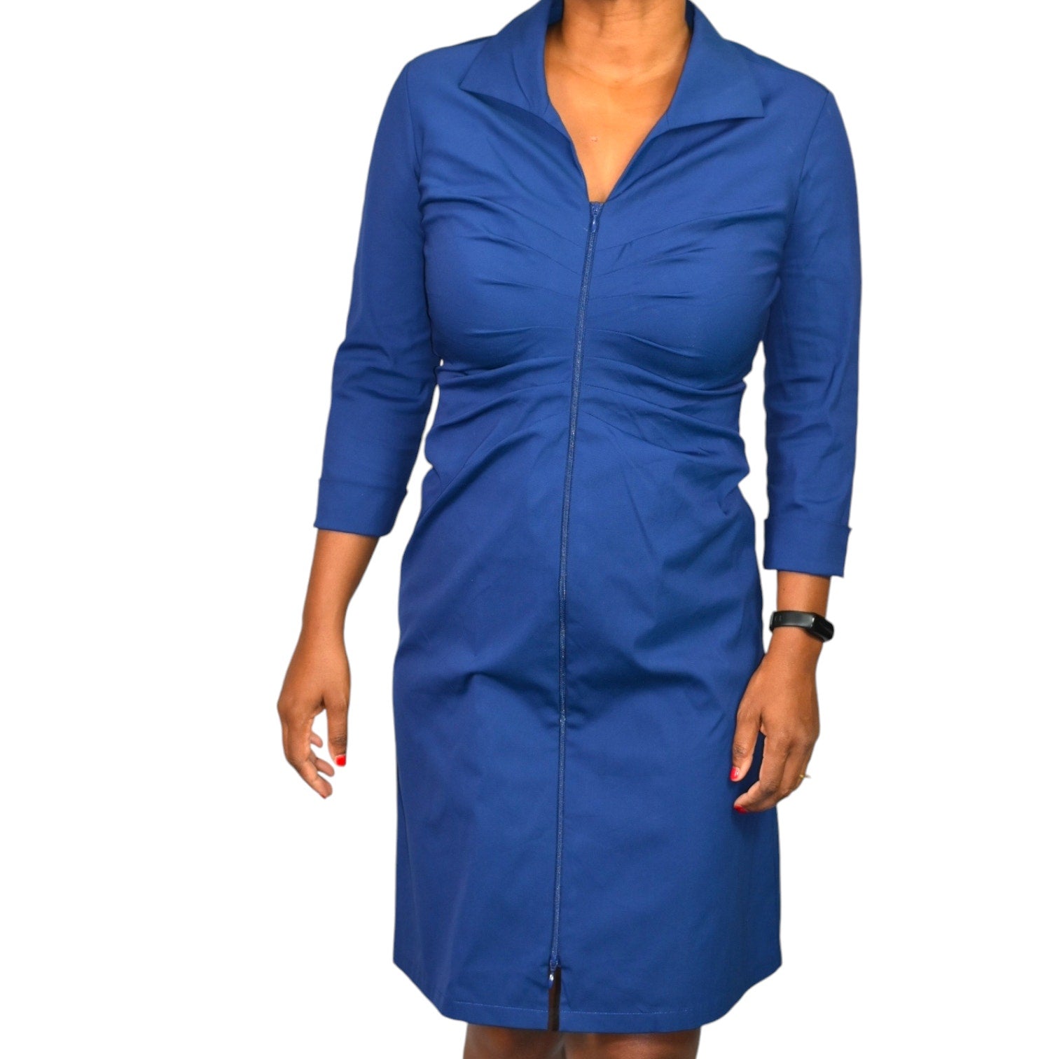 Lafayette 148 Zip Front Shirt Dress Blue Cotton Poplin Classic Ruched Shirtdress Size 2