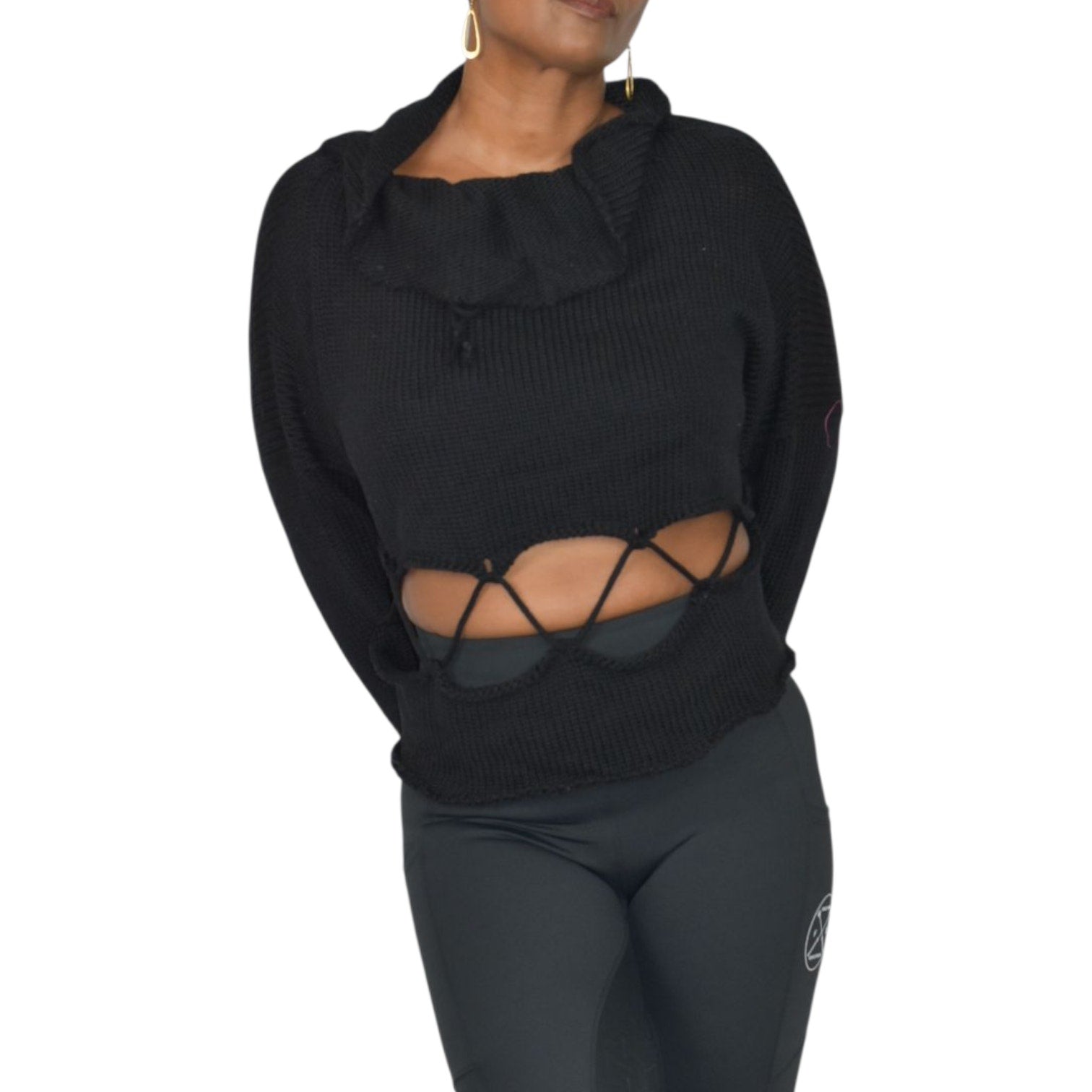 Manuelle Guibal Paris Sweater Black Knit Cropped Cutout Lace Up Long Sleeve Oversized Boxy Large