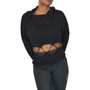 Manuelle Guibal Paris Sweater Black Knit Cropped Cutout Lace Up Long Sleeve Oversized Boxy Large