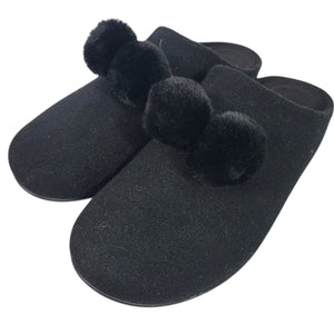 Fitflop Chrissie Slippers Black Felt Pom Pom Mules Slip On Slides Flats Lounge 8