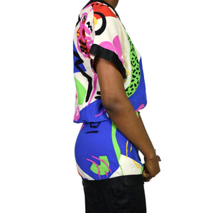 Vintage Flora Kung Silk Dress Blue Abstract 80s Print Colorful Blouson Twofer Pencil Skirt XXS