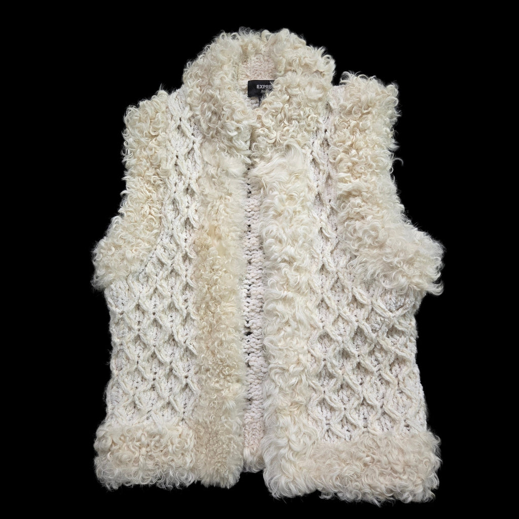 Express Handknit Lamb Trim Vest Cream Mongolian Fur Knit Plush Curly Retro Y2k Small