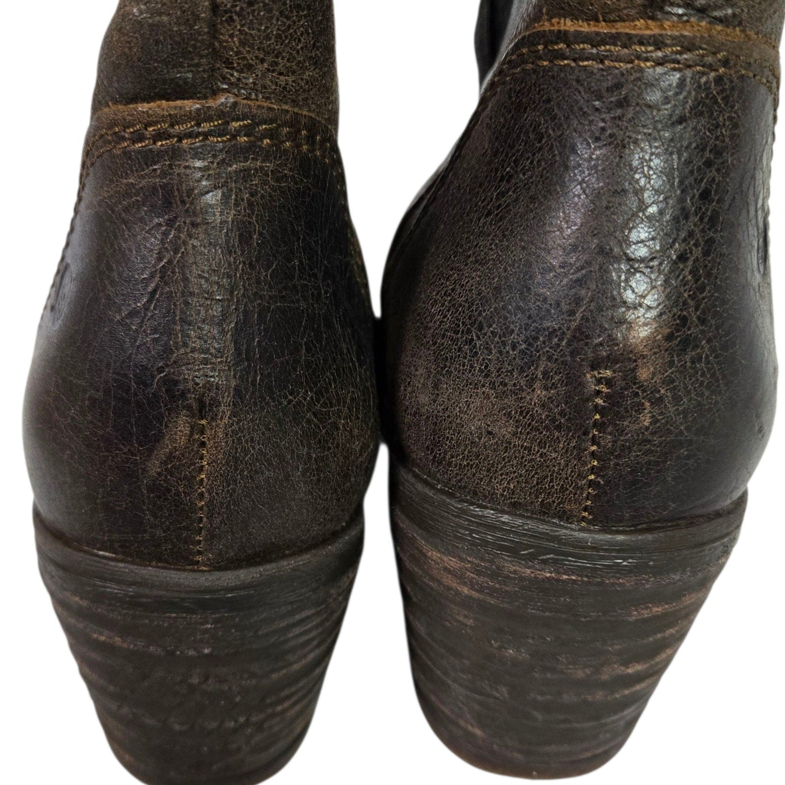 Born Leather Motorcycle Boots Brown Distressed Studs Mid Calf Winter Pull On 8.5