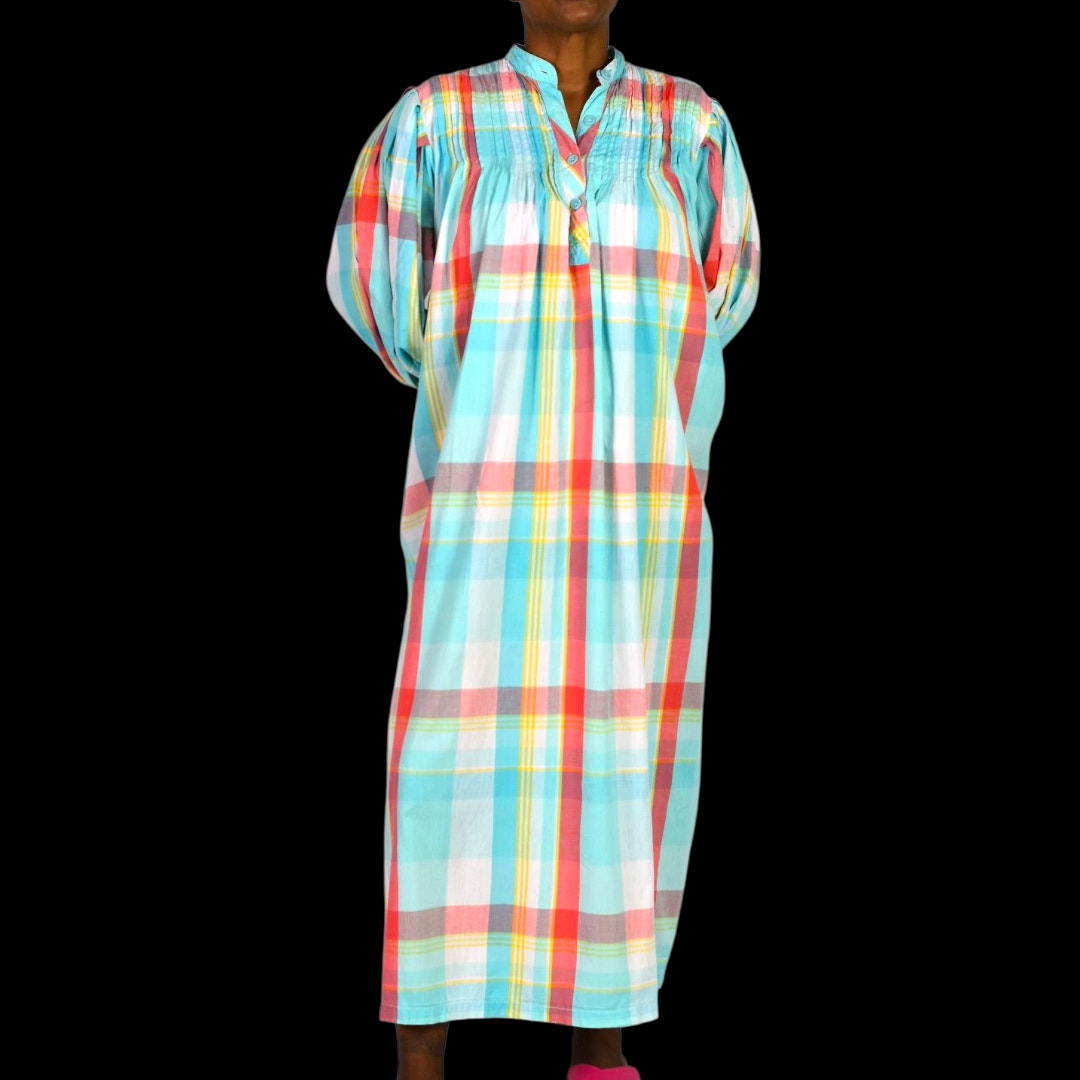 Vintage Saybury Nightshirt Blue Plaid Check Shirtdress Dress Pockets Cotton Pastel Oversized Muumuu Small