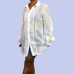 Sugar Thrillz Totally Paused Sheer Top Ruffles Collared Long Button Front Tuxedo Shirt Blouse XXL