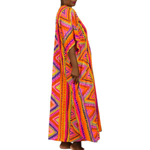 Vintage Abstract Psychedelic Accordion Caftan Dress Pink Geo Neon Dayglo Rainbow Print Maxi 60s 70s One Size S M L