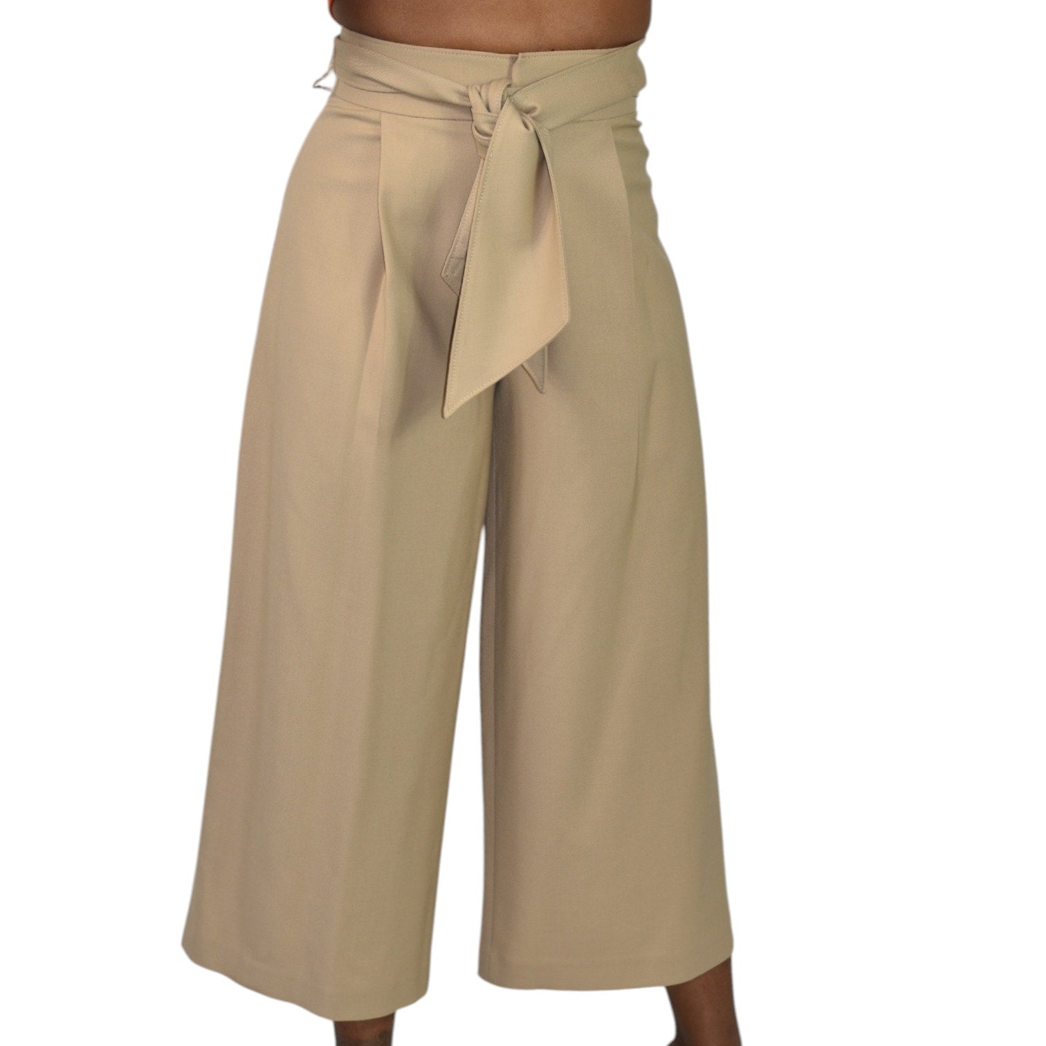 Club Monaco Wide Leg Crop Trousers Tan Tailored Pants Belted Flare Wool Khaki High Waist Gaucho 0