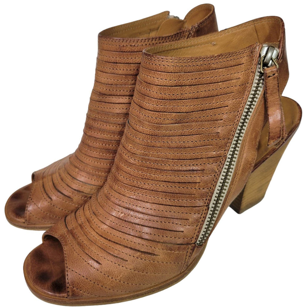 Paul Green Cayanne Bootie Sandal Brown Leather Natural Open Back Peep Toe Heels Comfort Size 8