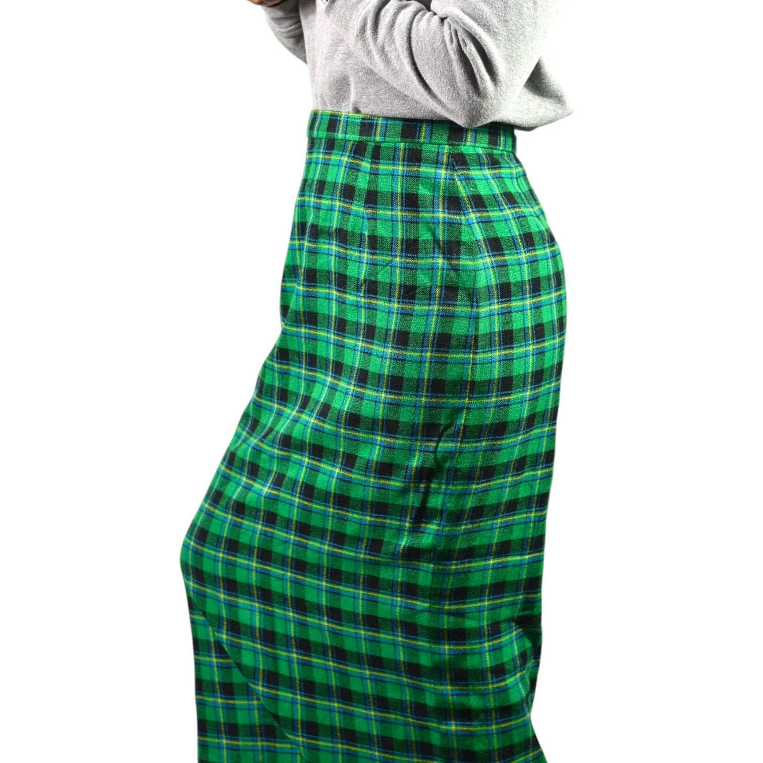 Vintage Tartan Maxi Skirt Green Plaid Long Straight Column Check Handmade 10 Medium